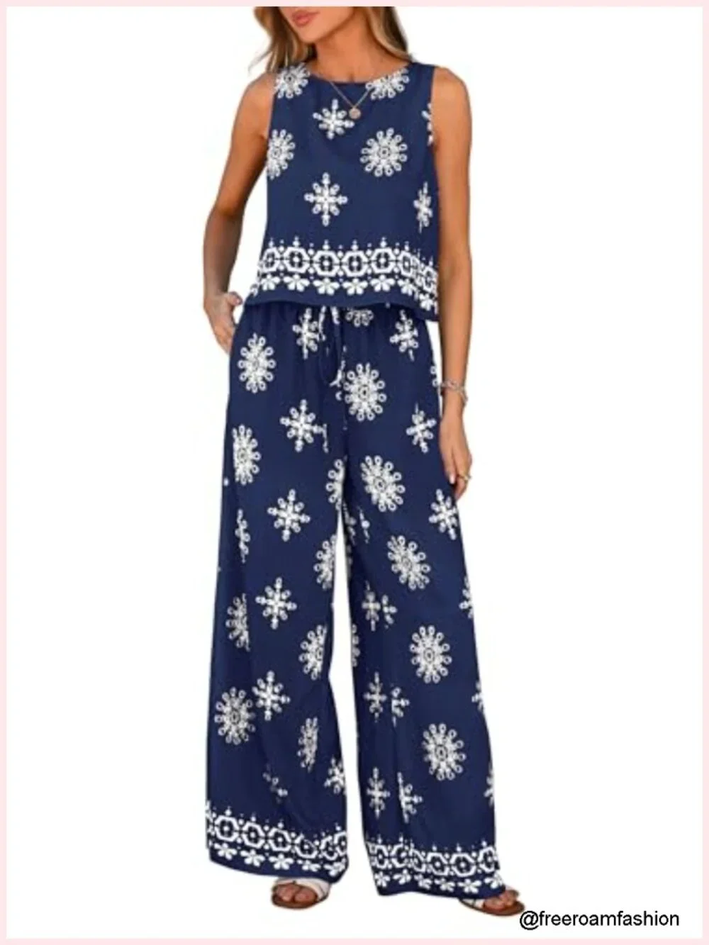 Boho 2 Piece Lounge Set - Sleeveless Crop Top & Wide Leg Pants